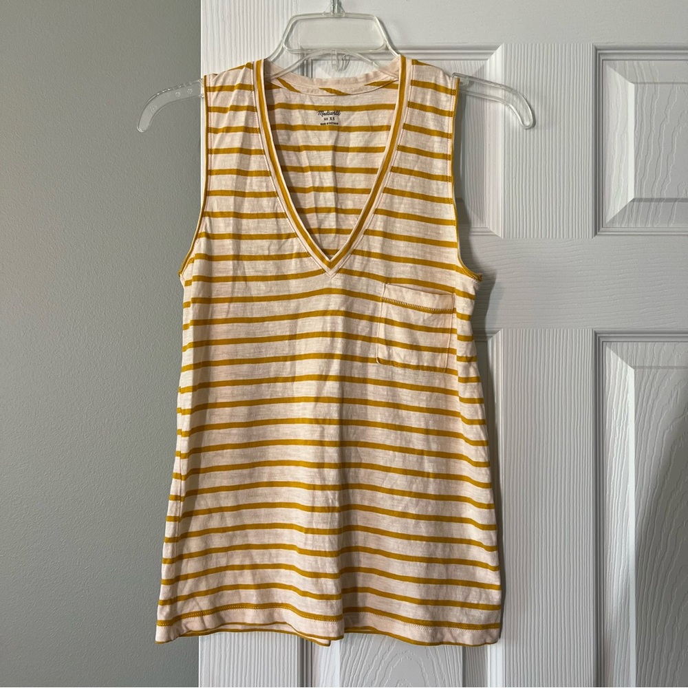 Women’s Madewell Yellow and White Striped V-Neck Tank Top